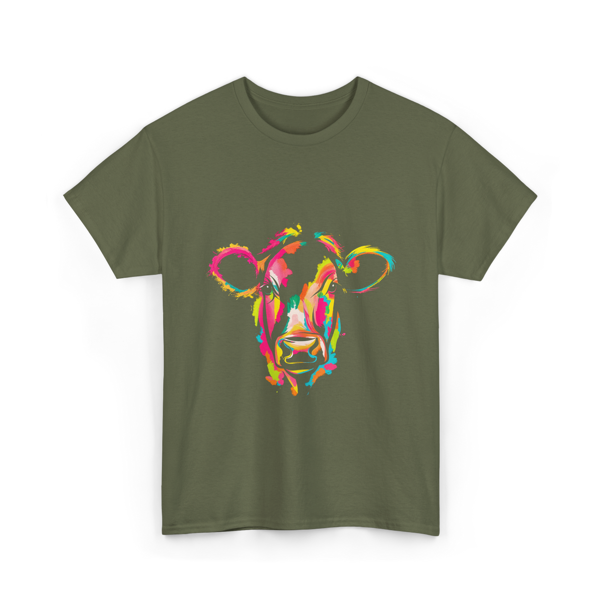 Colorful Cow Art Cow T-Shirt - Military Green