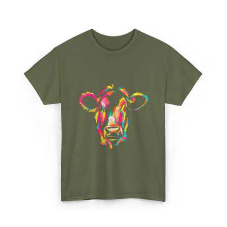 Colorful Cow Art Cow T-Shirt - Military Green