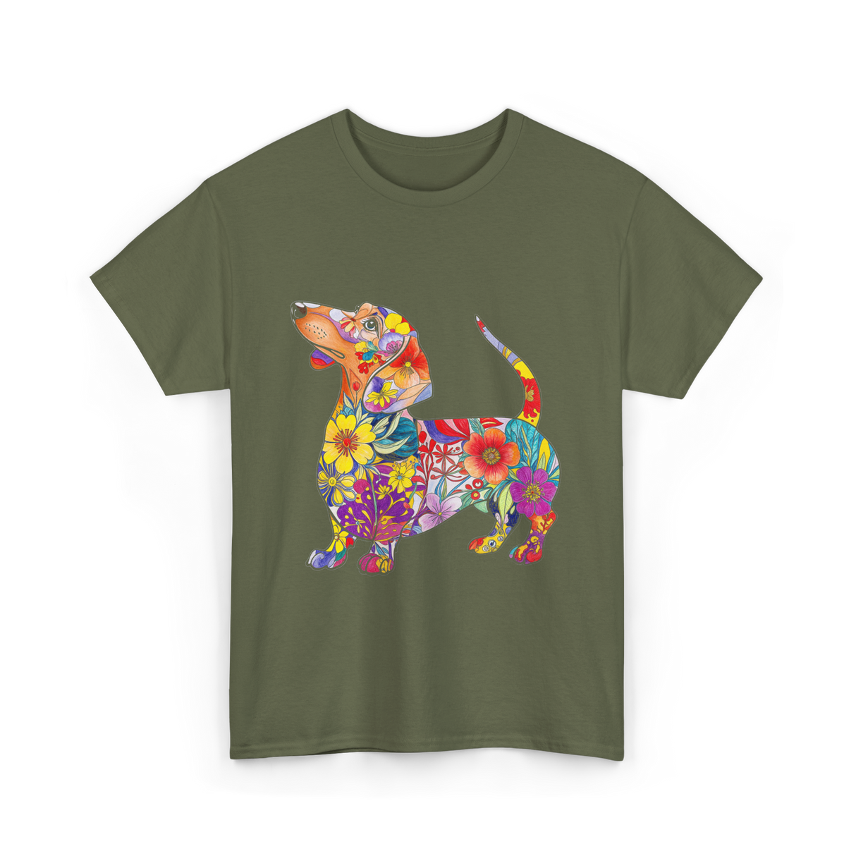 Colorful Dachshund Dog Art T-Shirt - Military Green