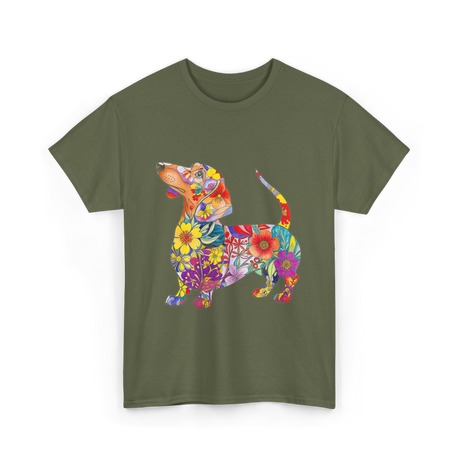 Colorful Dachshund Dog Art T-Shirt - Military Green