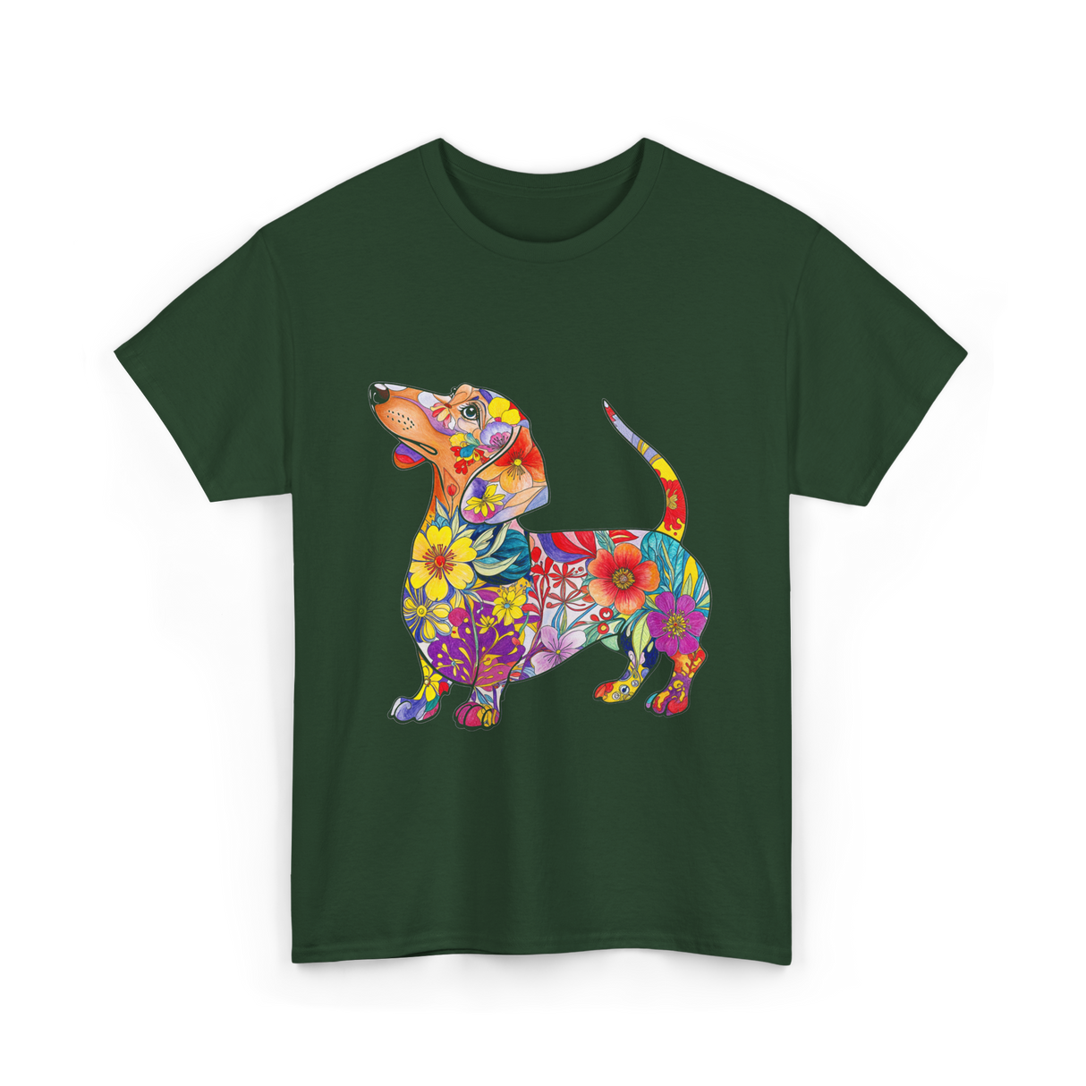 Colorful Dachshund Dog Art T-Shirt - Forest Green