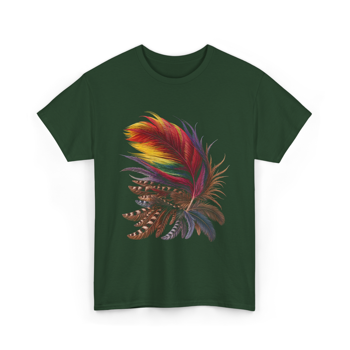 Colorful Feathers Tribal Art T-Shirt - Forest Green