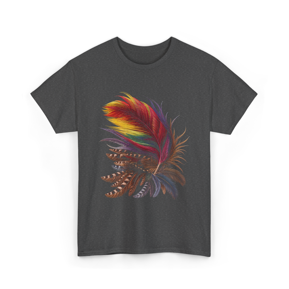 Colorful Feathers Tribal Art T-Shirt - Dark Heather