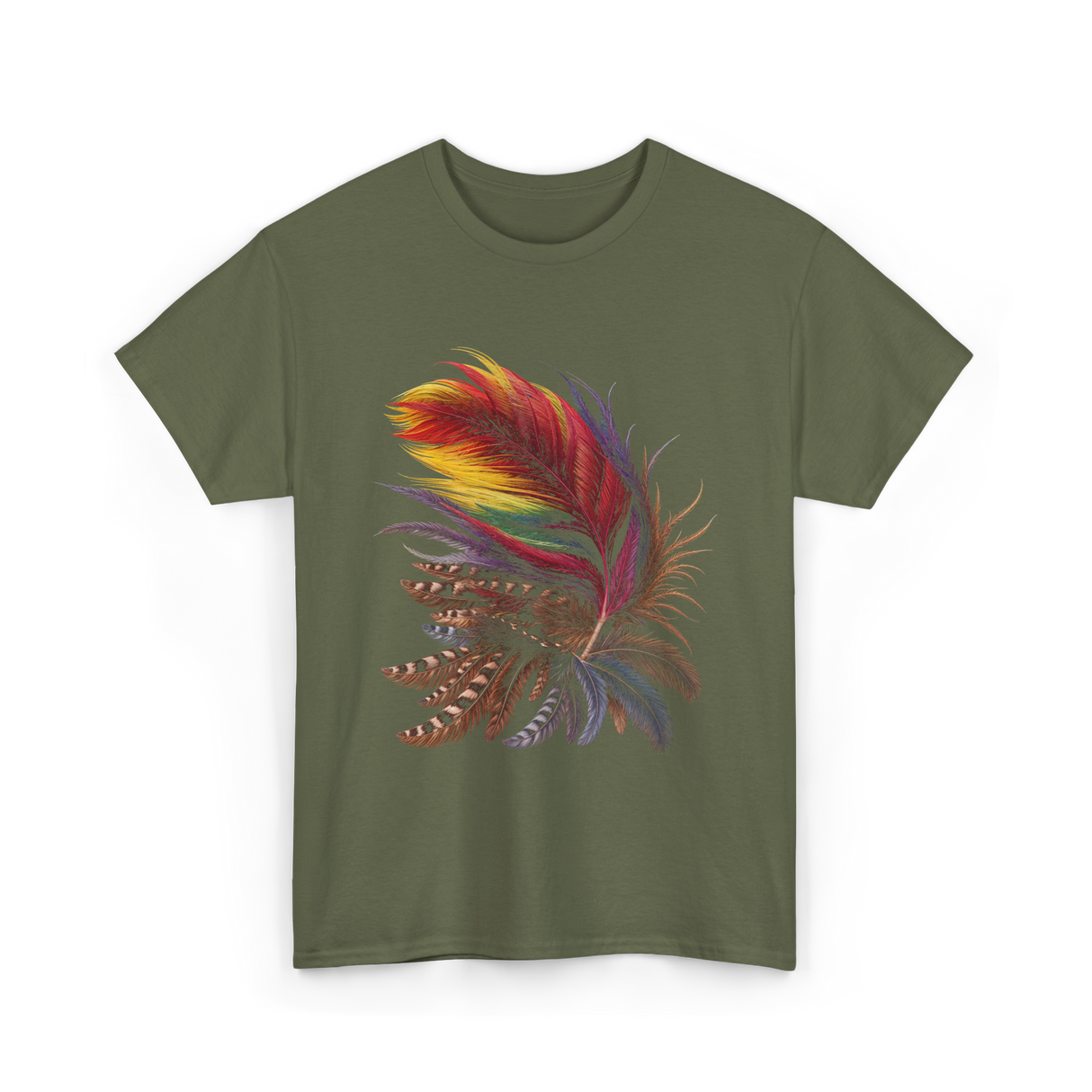 Colorful Feathers Tribal Art T-Shirt - Military Green