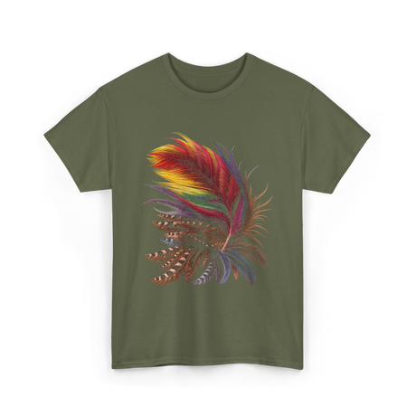 Colorful Feathers Tribal Art T-Shirt - Military Green