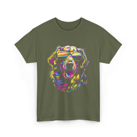 Colorful Golden Retriever Dog Art T-Shirt - Military Green