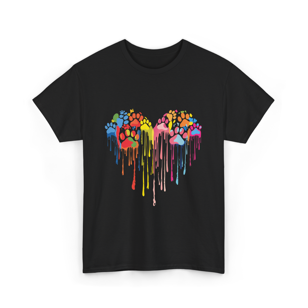 Colorful Heart Paw Print Art T-Shirt - Black