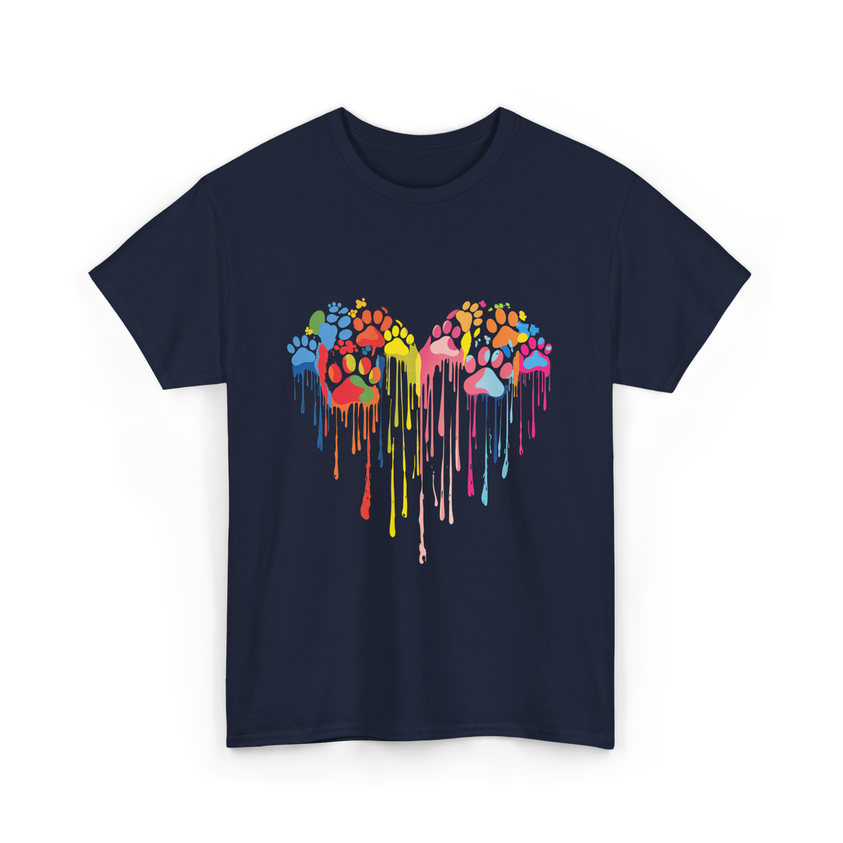 Colorful Heart Paw Print Art T-Shirt - Navy