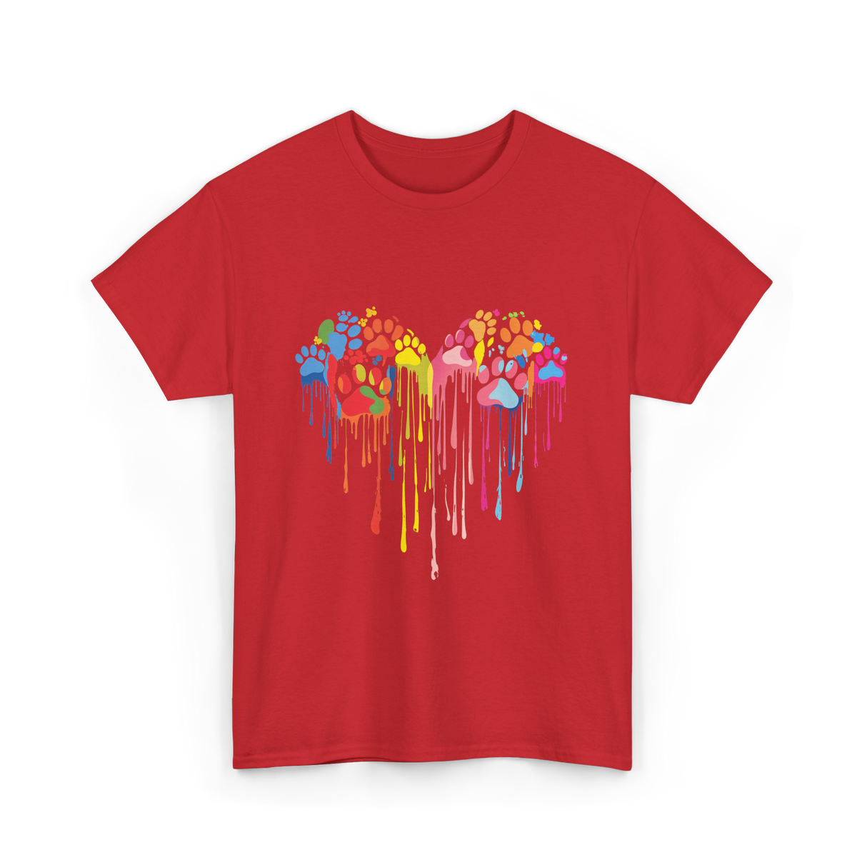 Colorful Heart Paw Print Art T-Shirt - Red