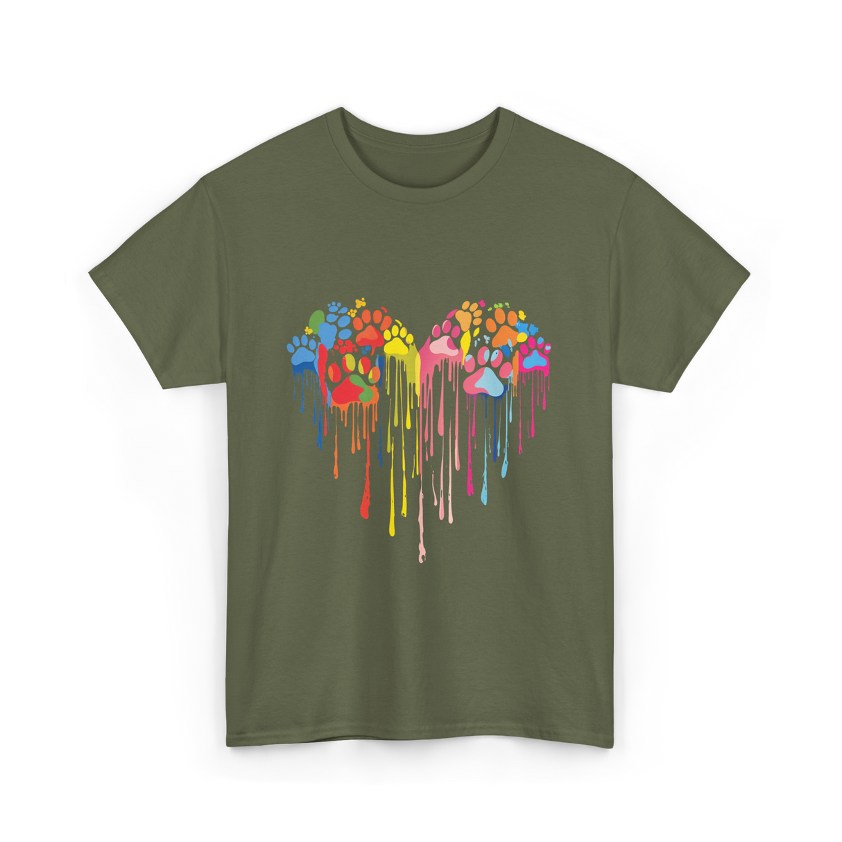 Colorful Heart Paw Print Art T-Shirt - Military Green