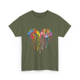 Colorful Heart Paw Print Art T-Shirt - Military Green