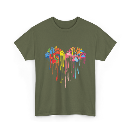 Colorful Heart Paw Print Art T-Shirt - Military Green