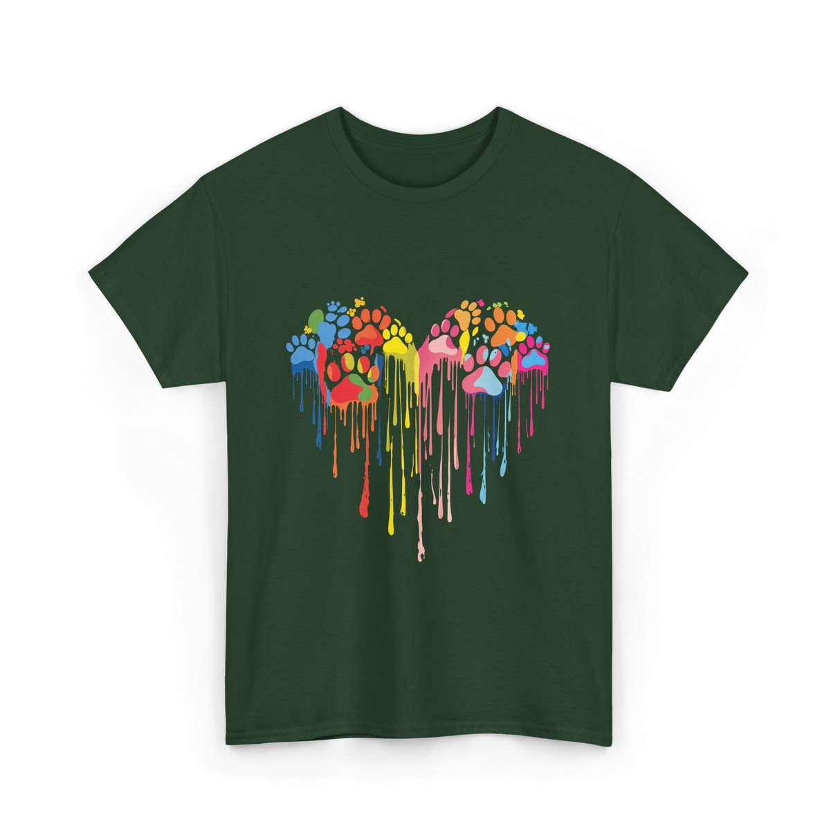 Colorful Heart Paw Print Art T-Shirt - Forest Green