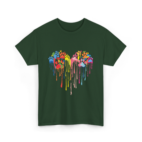 Colorful Heart Paw Print Art T-Shirt - Forest Green