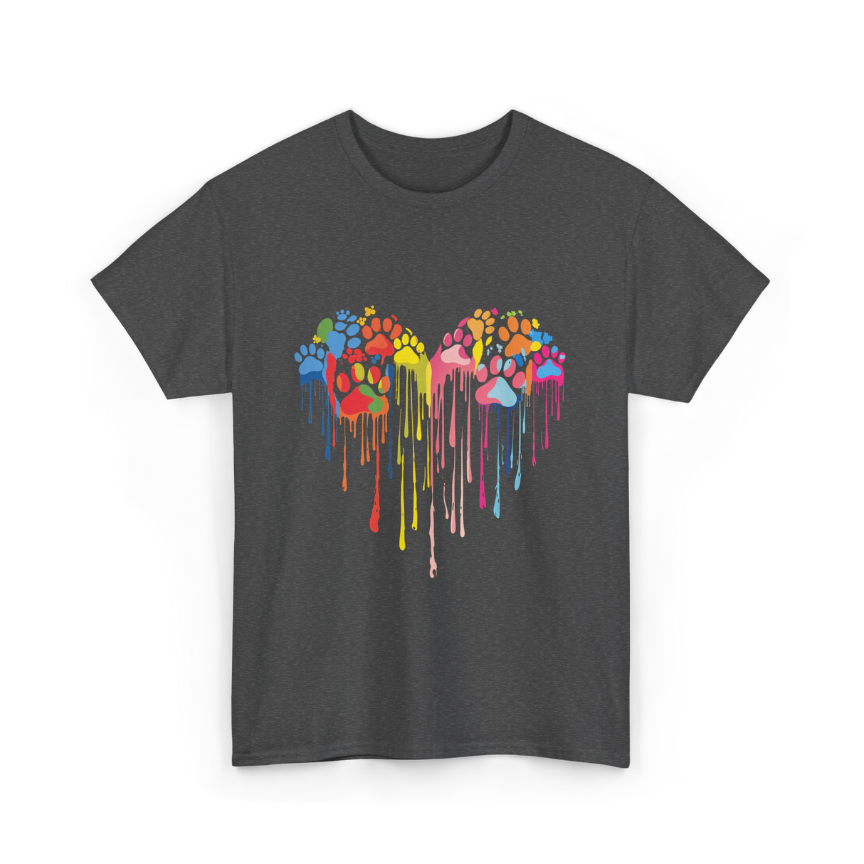 Colorful Heart Paw Print Art T-Shirt - Dark Heather