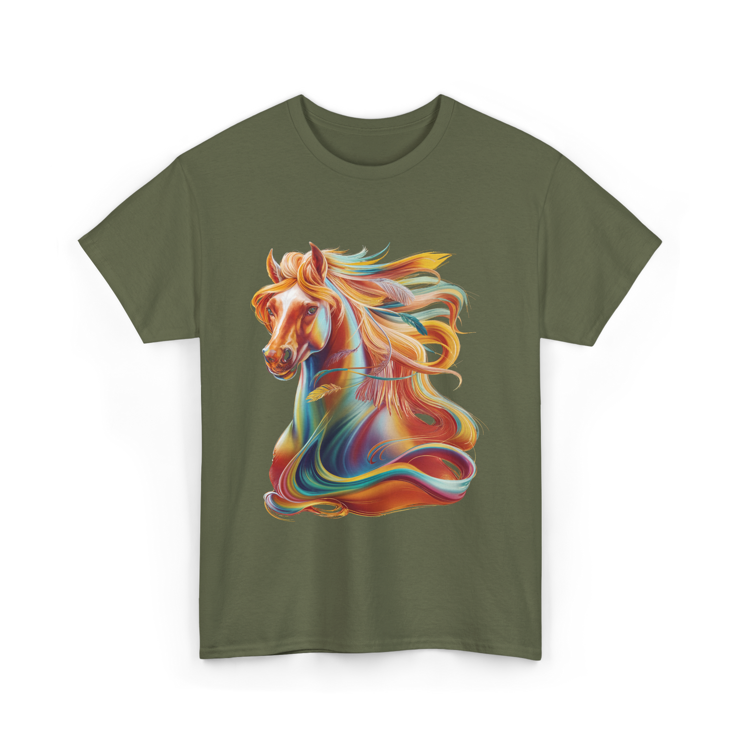 Colorful Horse Equestrian Artwork T-Shirt - Military Green