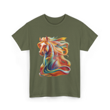 Colorful Horse Equestrian Artwork T-Shirt - Military Green