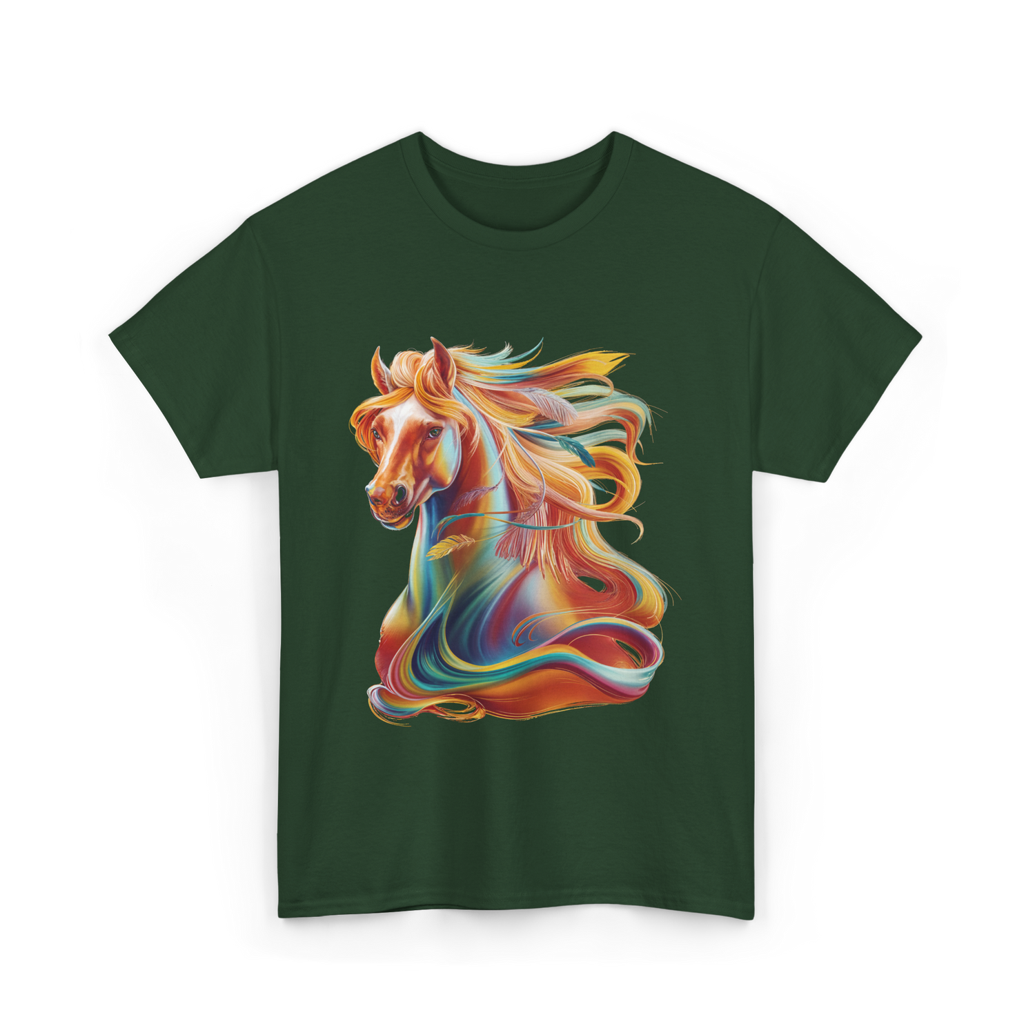 Colorful Horse Equestrian Artwork T-Shirt - Forest Green