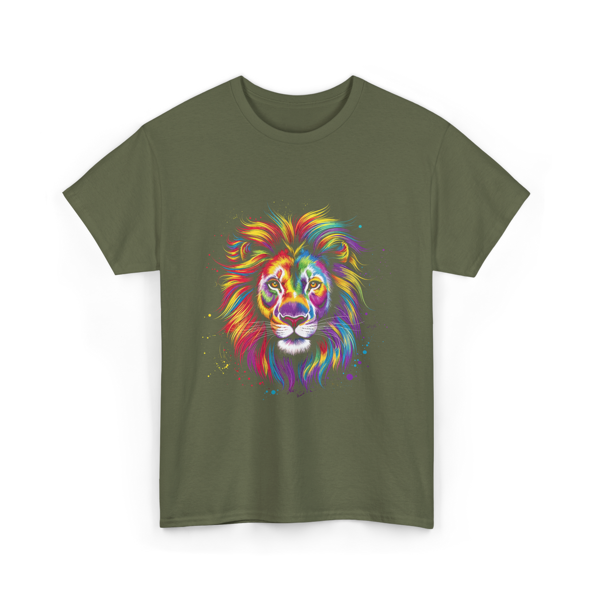 Colorful Lion Spirit Animal Art T-Shirt - Military Green