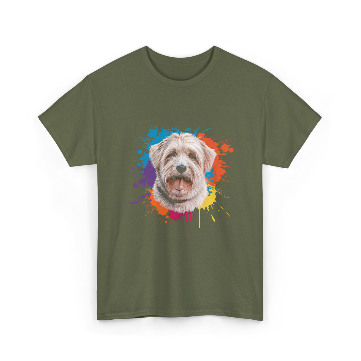 Colorful Maltese Splash Art Dog T-Shirt - Military Green