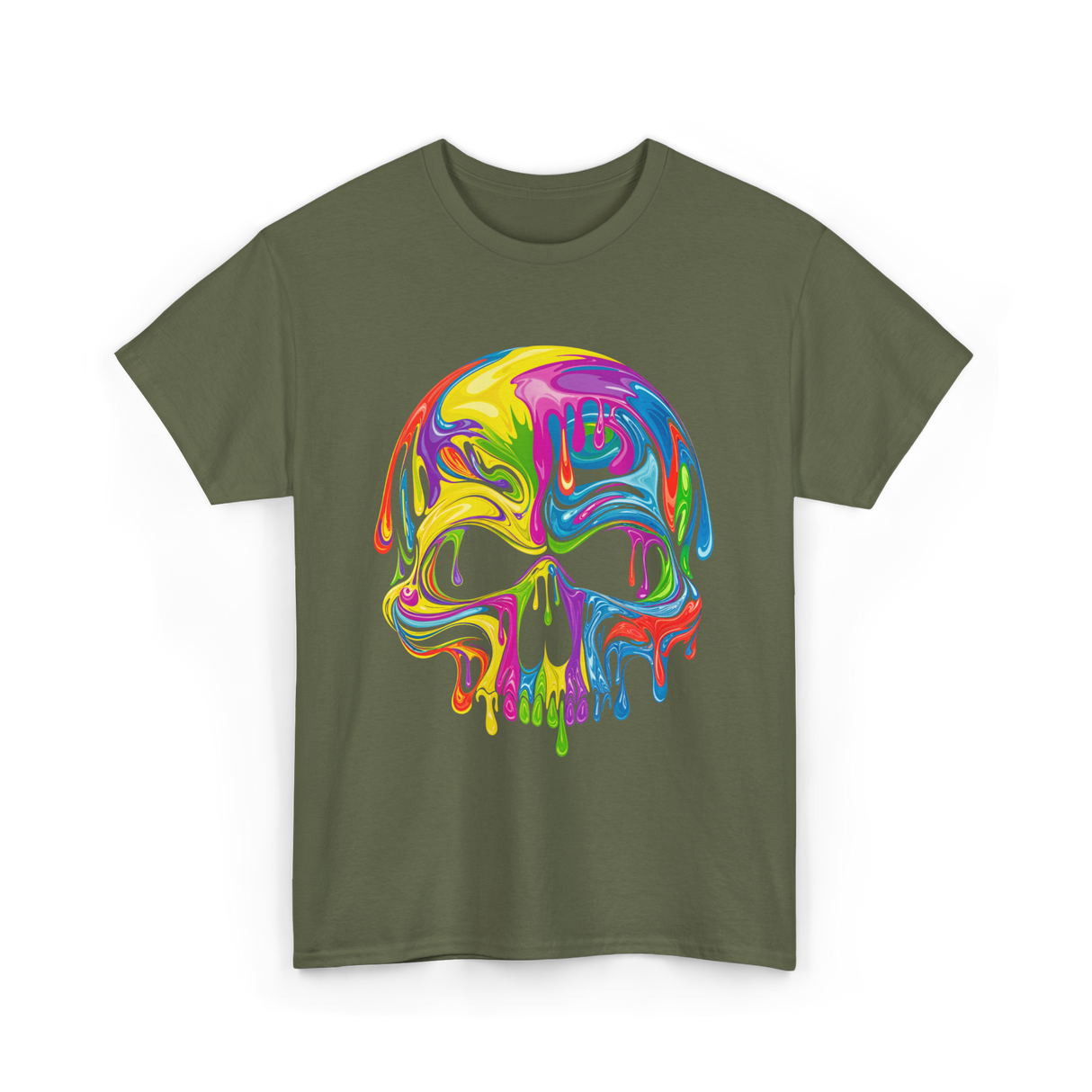 Colorful Melting Skull Art Skull T-Shirt - Military Green