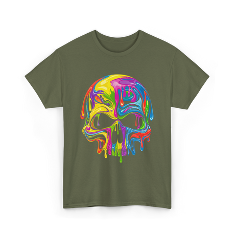 Colorful Melting Skull Art Skull T-Shirt - Military Green