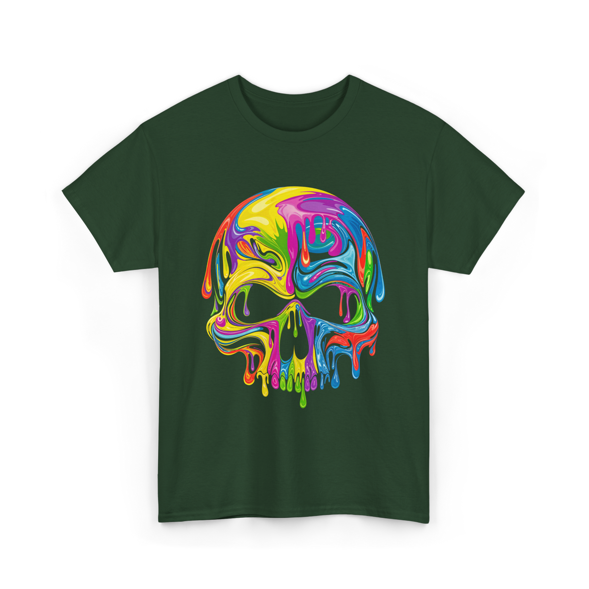 Colorful Melting Skull Art Skull T-Shirt - Forest Green