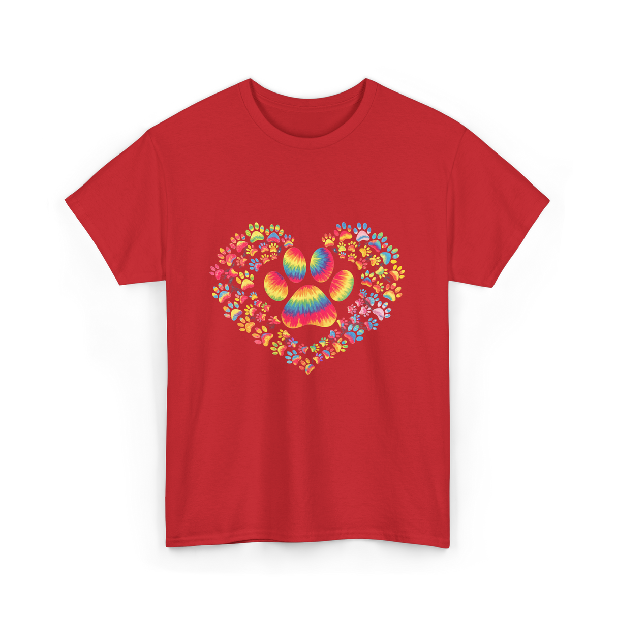 Colorful Paw Heart Pawprints T-Shirt - Red