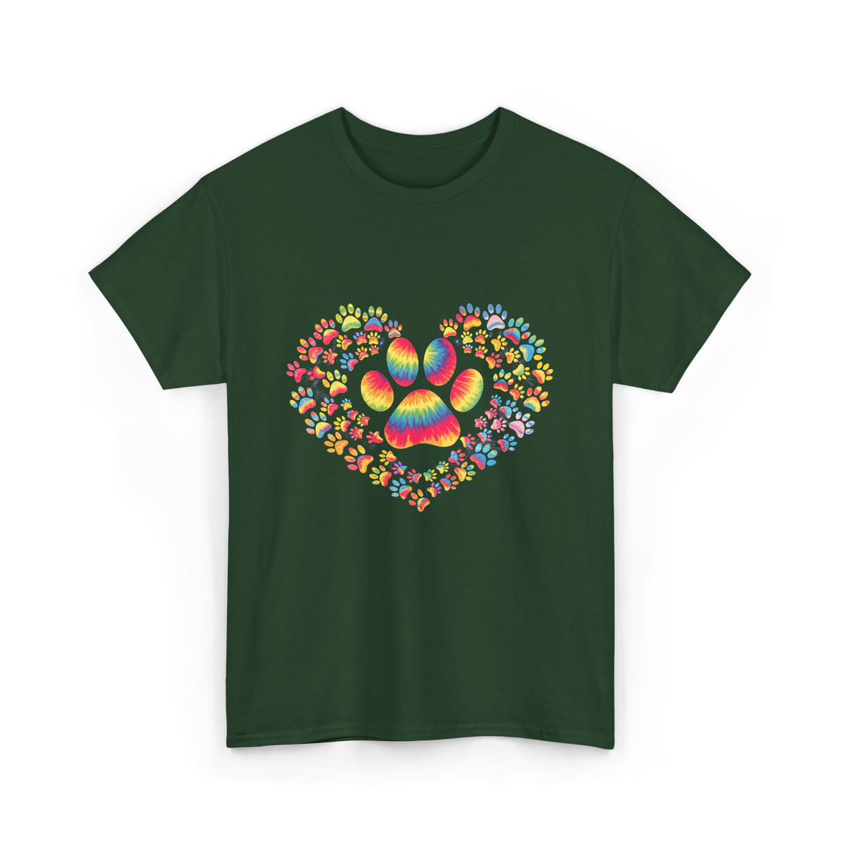 Colorful Paw Heart Pawprints T-Shirt - Forest Green