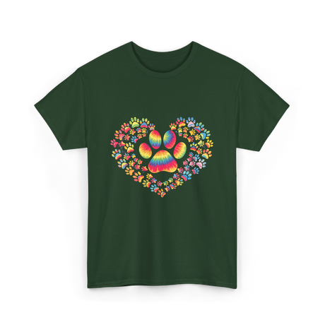 Colorful Paw Heart Pawprints T-Shirt - Forest Green