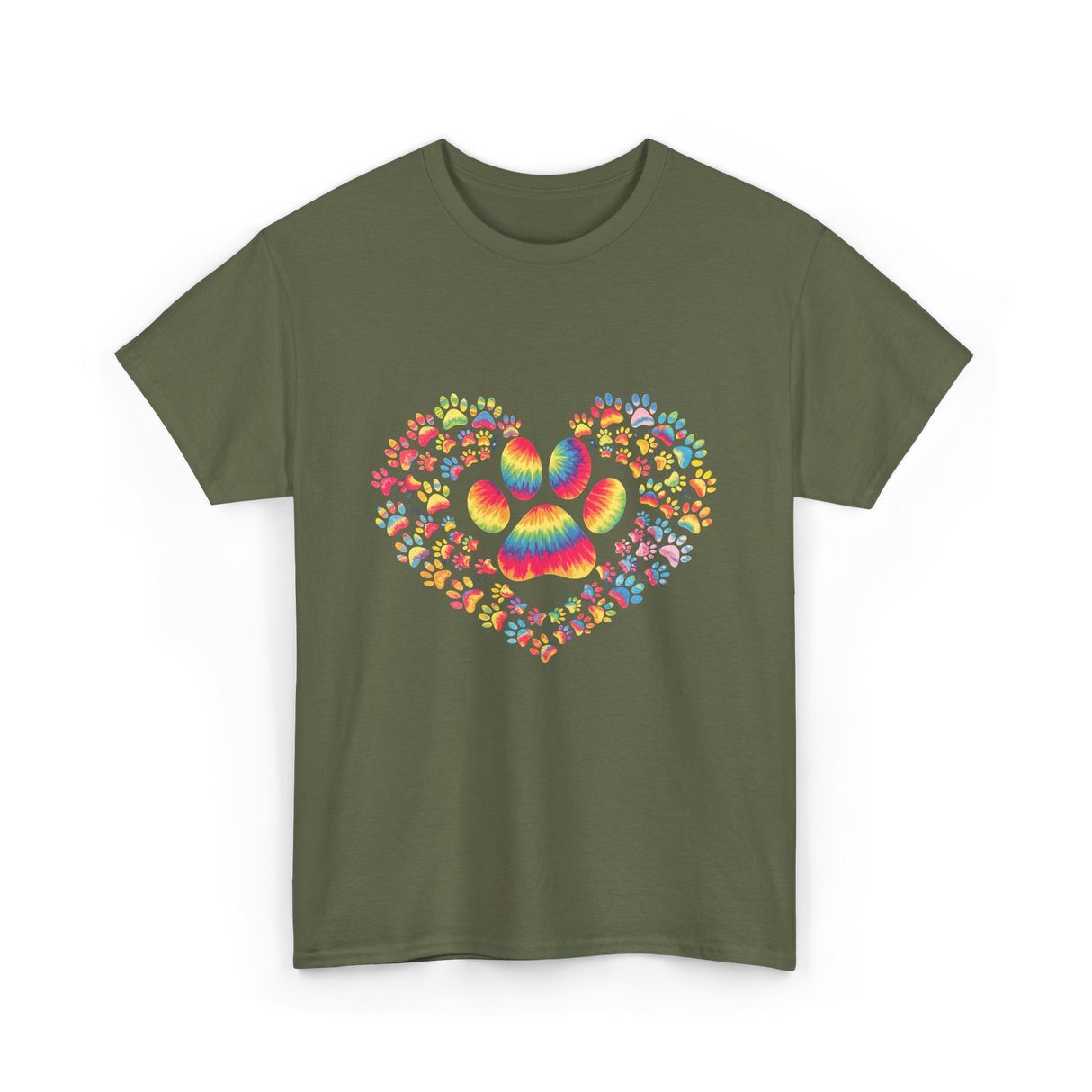 Colorful Paw Heart Pawprints T-Shirt - Military Green