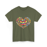 Colorful Paw Heart Pawprints T-Shirt - Military Green