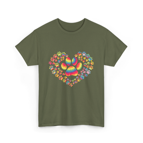 Colorful Paw Heart Pawprints T-Shirt - Military Green