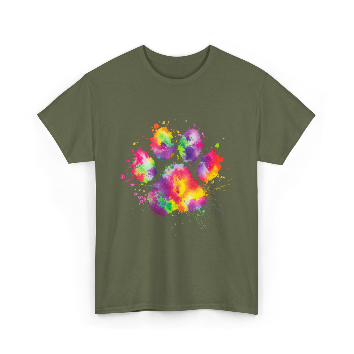 Colorful Paw Print Animal Lover T-Shirt - Military Green