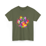 Colorful Paw Print Animal Lover T-Shirt - Military Green