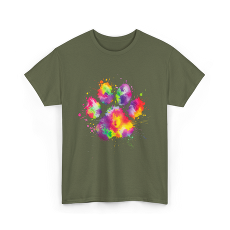 Colorful Paw Print Animal Lover T-Shirt - Military Green