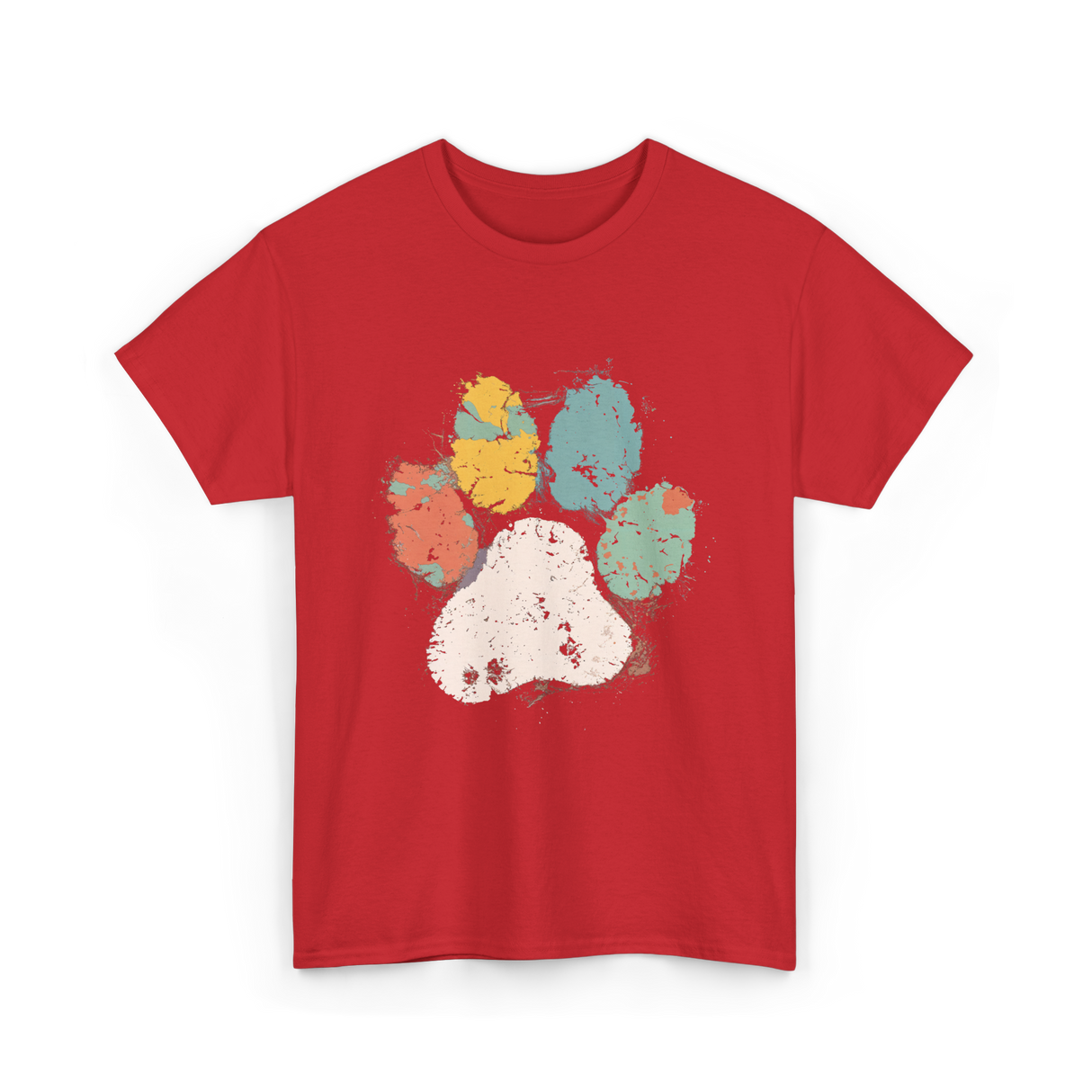 Colorful Paw Print Dog Love T-Shirt - Red