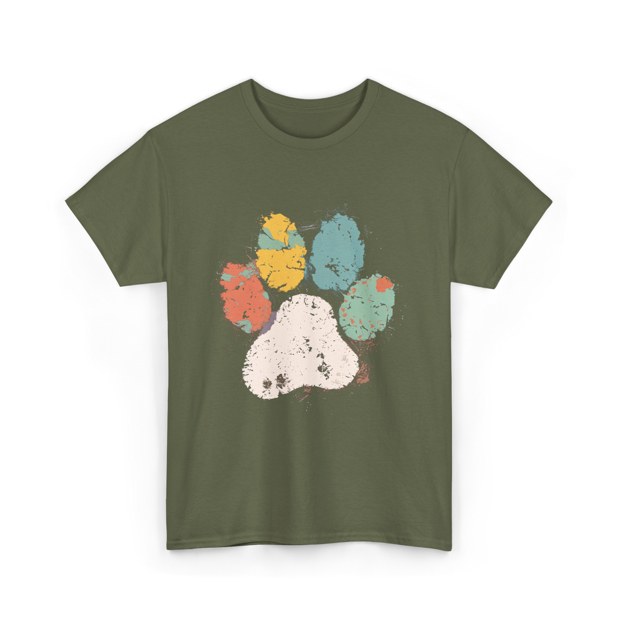 Colorful Paw Print Dog Love T-Shirt - Military Green