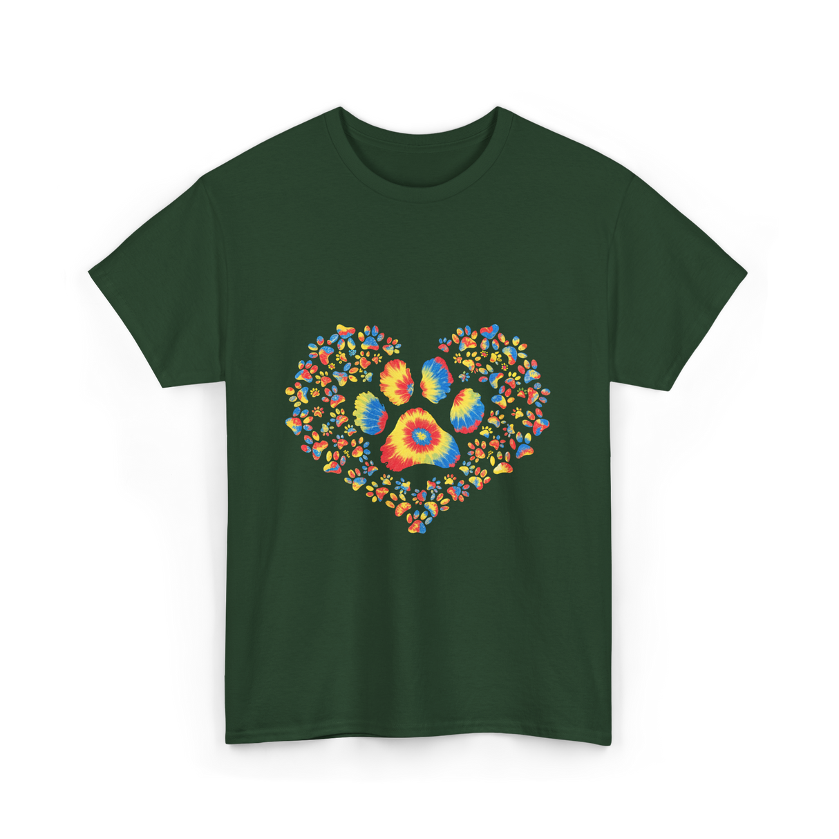 Colorful Paw Print Love T-Shirt - Forest Green