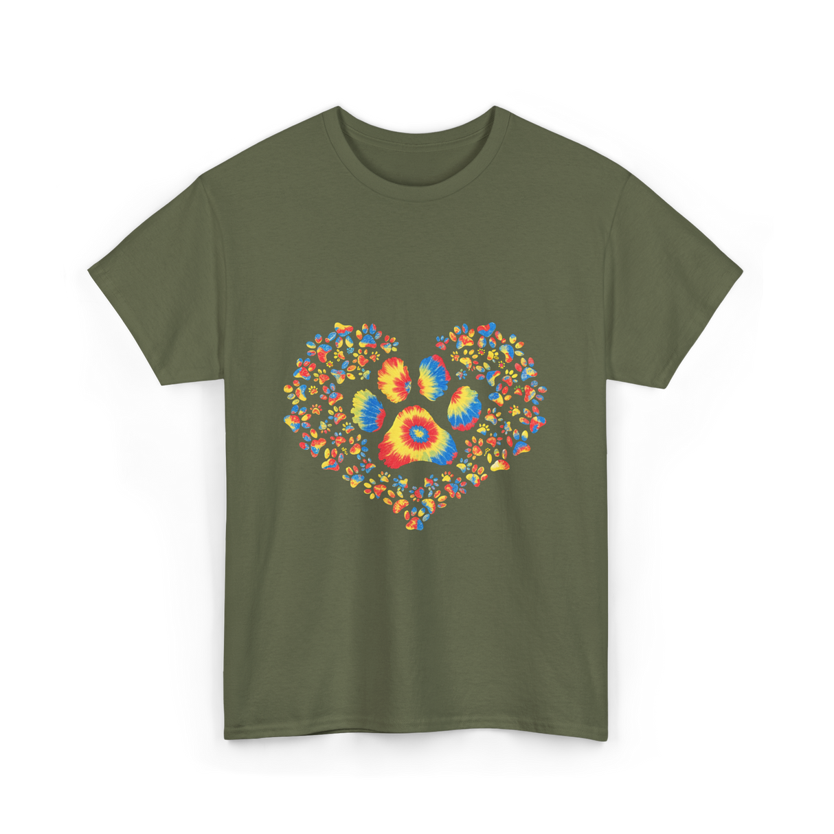 Colorful Paw Print Love T-Shirt - Military Green