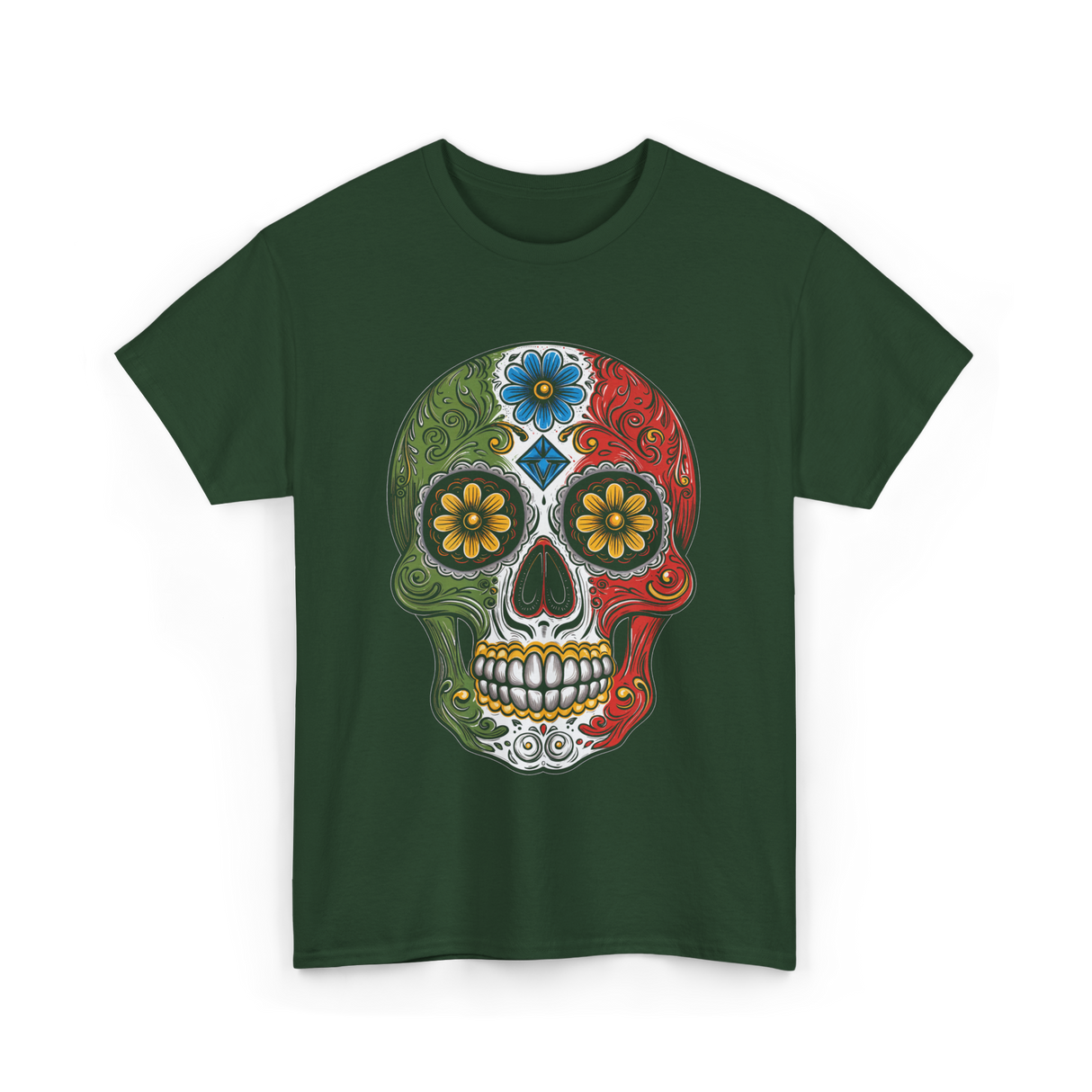 Skull Mexican Dia De Los Muertos T-Shirt - Forest Green