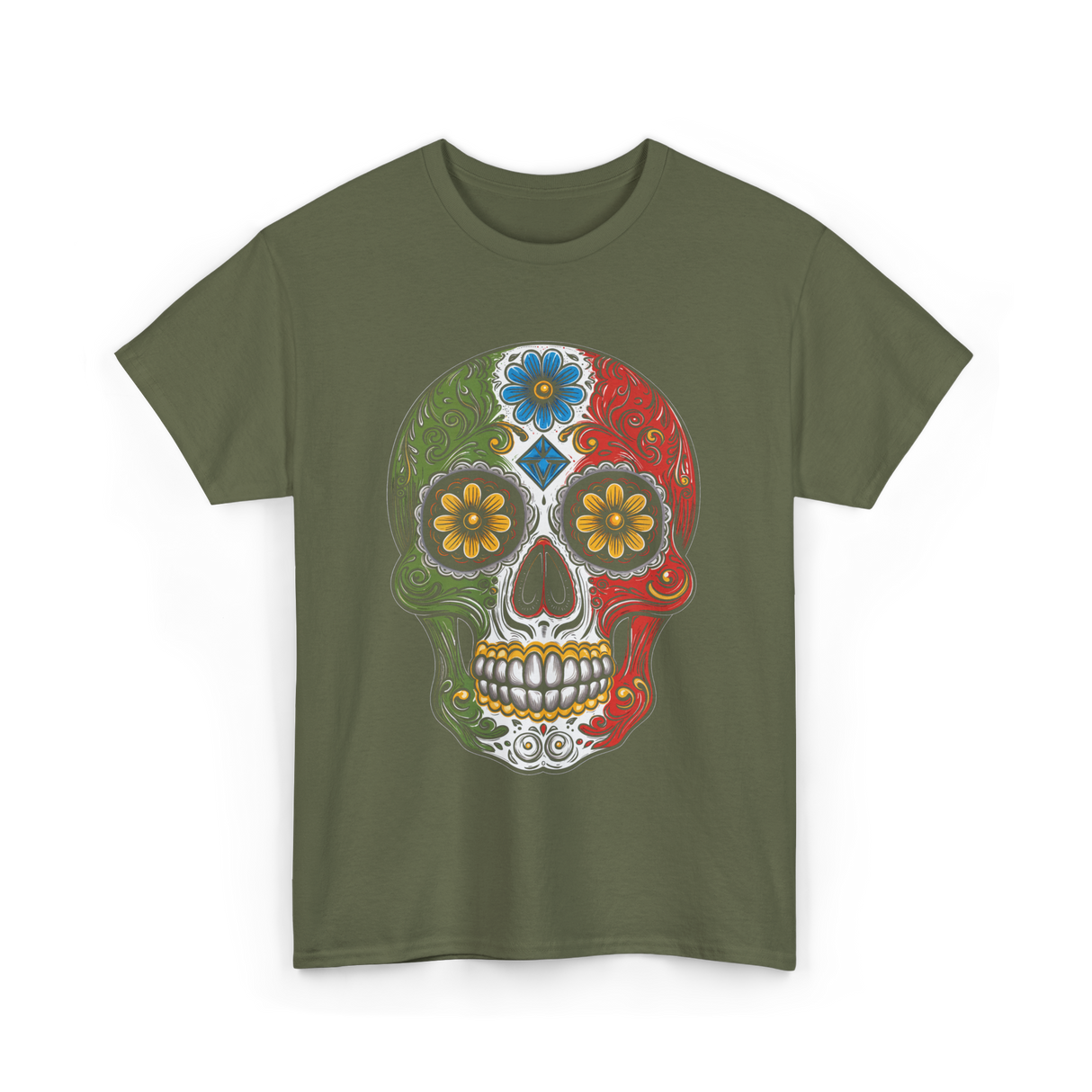 Skull Mexican Dia De Los Muertos T-Shirt - Military Green