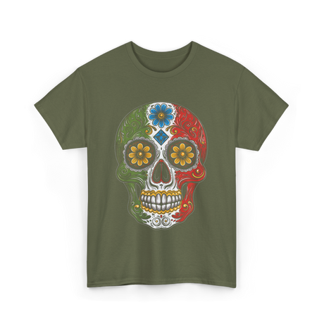 Skull Mexican Dia De Los Muertos T-Shirt - Military Green