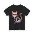 Colorful Sugar Skull Cat Halloween T-Shirt - Black