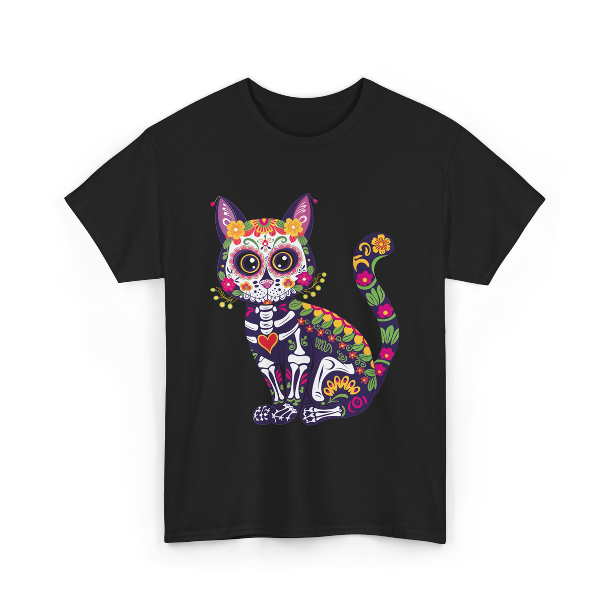 Colorful Sugar Skull Cat Halloween T-Shirt - Black