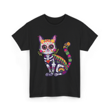 Colorful Sugar Skull Cat Halloween T-Shirt - Black