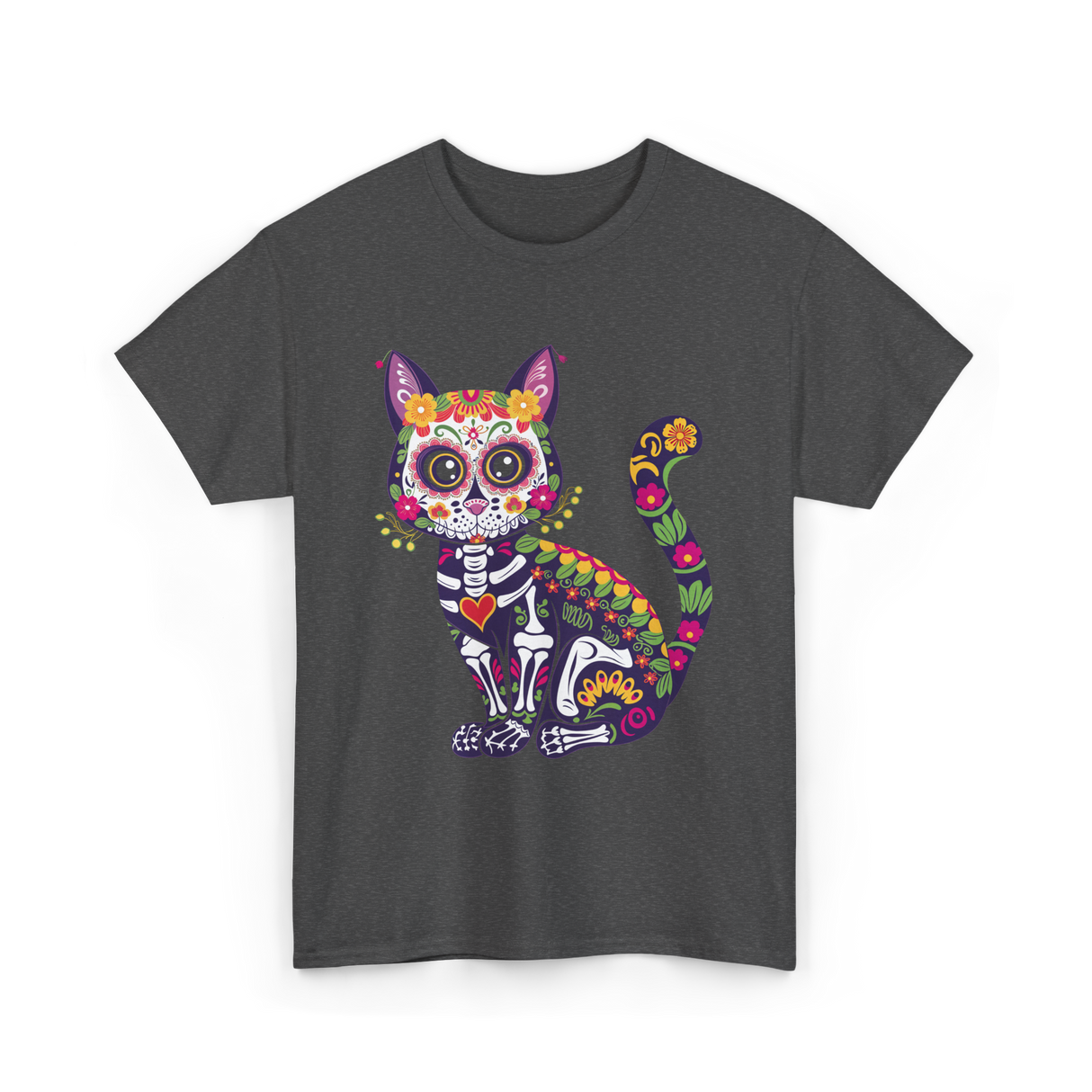 Colorful Sugar Skull Cat Halloween T-Shirt - Dark Heather