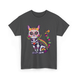 Colorful Sugar Skull Cat Halloween T-Shirt - Dark Heather