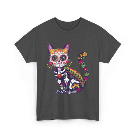 Colorful Sugar Skull Cat Halloween T-Shirt - Dark Heather