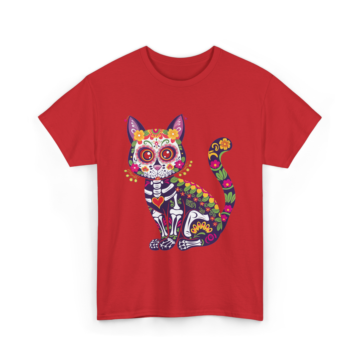 Colorful Sugar Skull Cat Halloween T-Shirt - Red